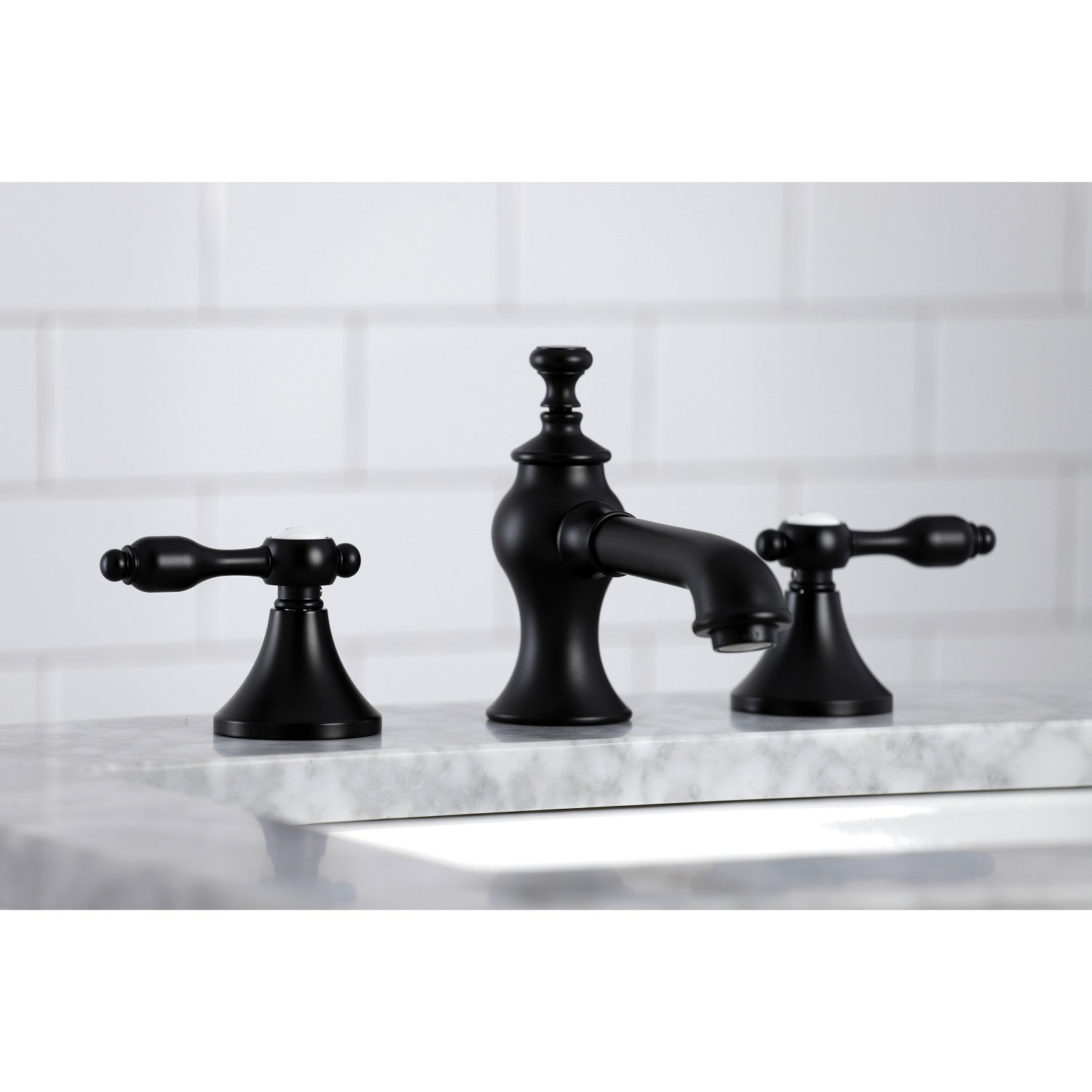 Kingston Tulare KC7060TAL - Tudor Two-Handle 3-Hole Deck Mount Widespread Bathroom Faucet with Brass Pop-Up, Matte Black — thumbnail 3